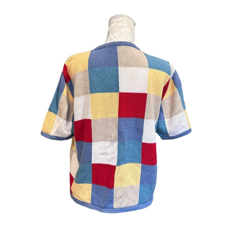 Patchwork Checked Knit Short Sleeve Cardigan Wome… - image 2